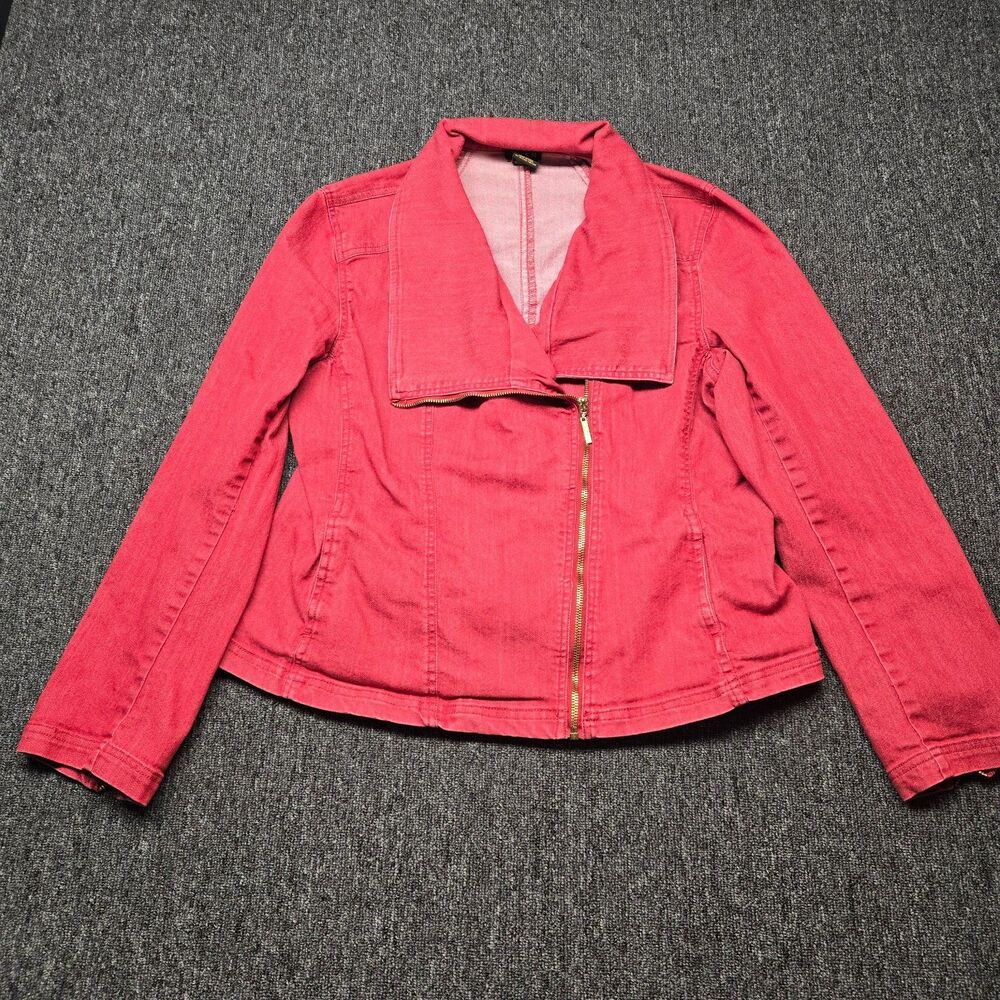 IMAN Jean Jacket XL Red Asymmetrical Zip Stretch Denim Moto Style Layer